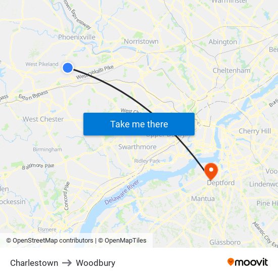 Charlestown to Woodbury map