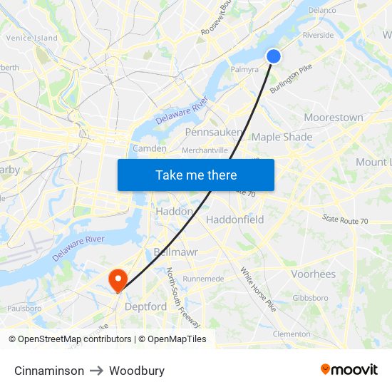 Cinnaminson to Woodbury map