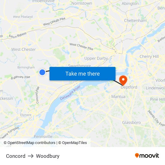 Concord to Woodbury map