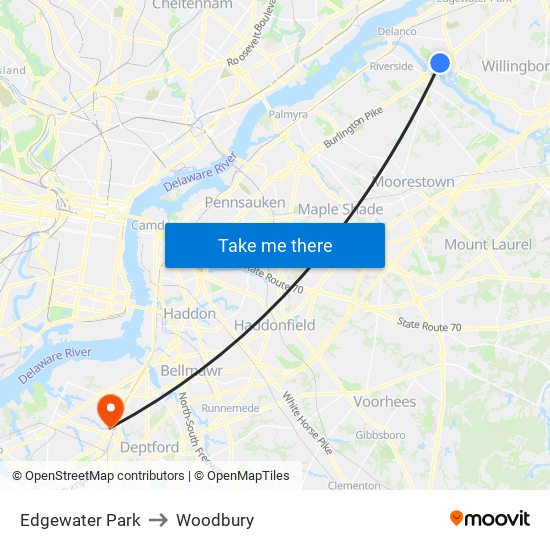 Edgewater Park to Woodbury map