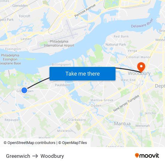 Greenwich to Woodbury map