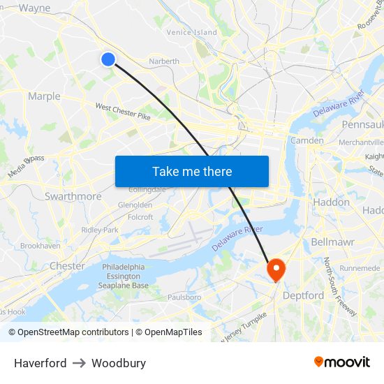 Haverford to Woodbury map