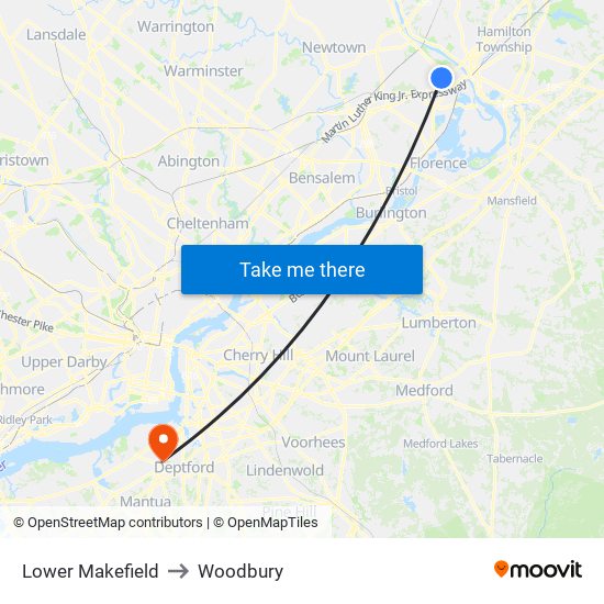 Lower Makefield to Woodbury map