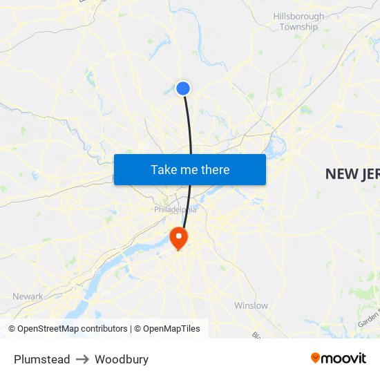 Plumstead to Woodbury map