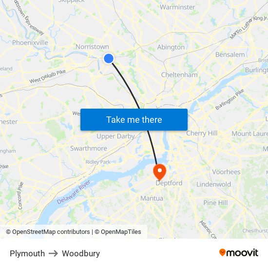 Plymouth to Woodbury map