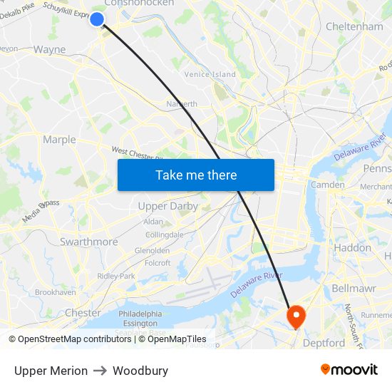 Upper Merion to Woodbury map