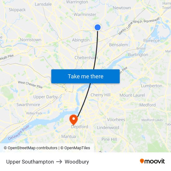 Upper Southampton to Woodbury map