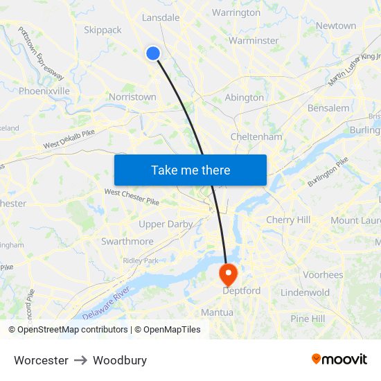 Worcester to Woodbury map