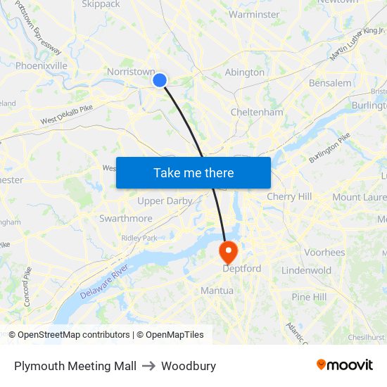 Plymouth Meeting Mall to Woodbury map