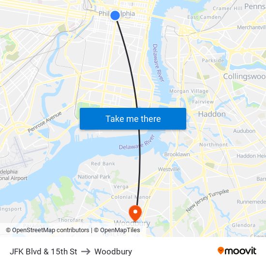 JFK Blvd & 15th St to Woodbury map