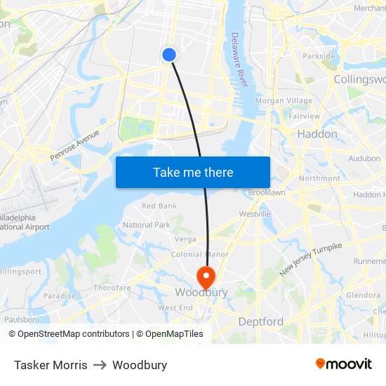 Tasker Morris to Woodbury map