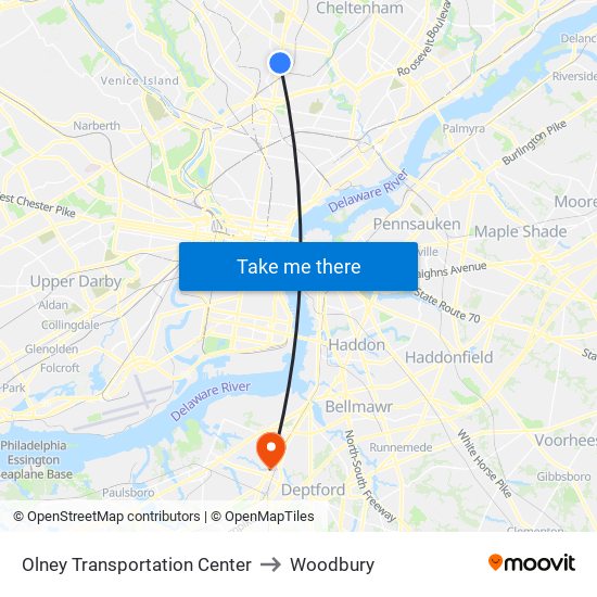 Olney Transportation Center to Woodbury map
