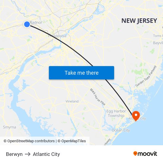 Berwyn to Atlantic City map