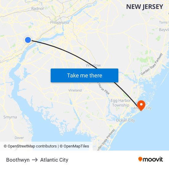 Boothwyn to Atlantic City map