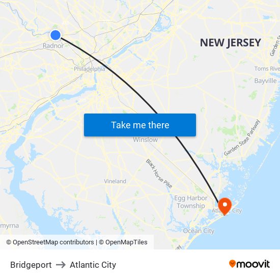 Bridgeport to Atlantic City map