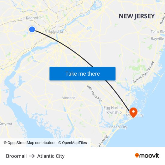 Broomall to Atlantic City map