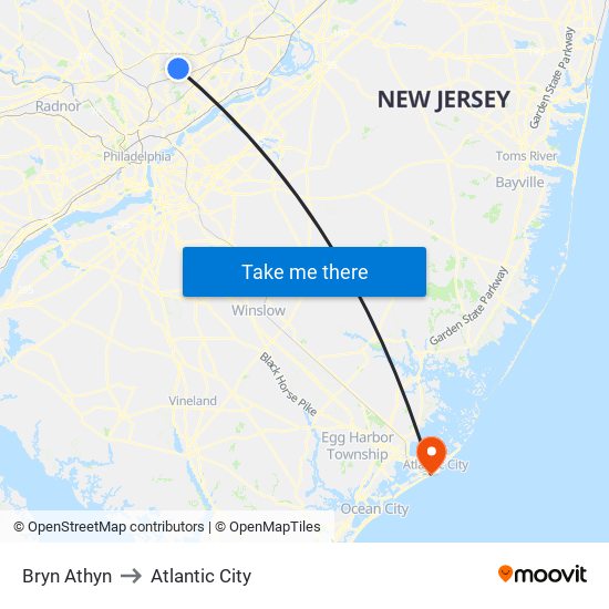 Bryn Athyn to Atlantic City map