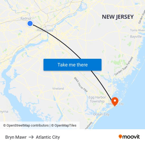 Bryn Mawr to Atlantic City map