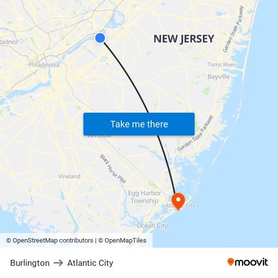 Burlington to Atlantic City map