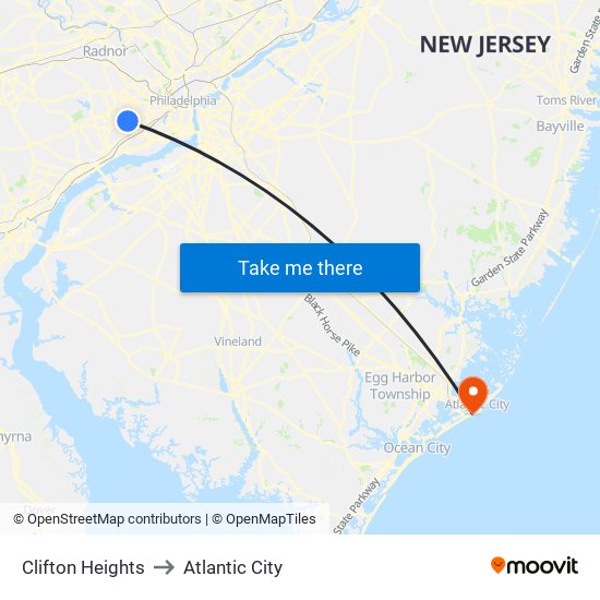 Clifton Heights to Atlantic City map