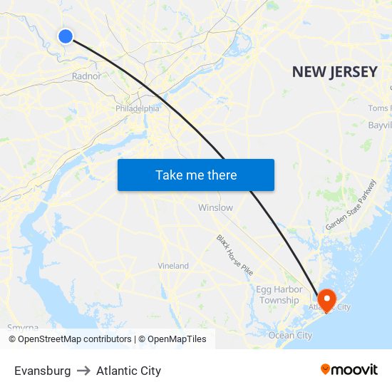 Evansburg to Atlantic City map