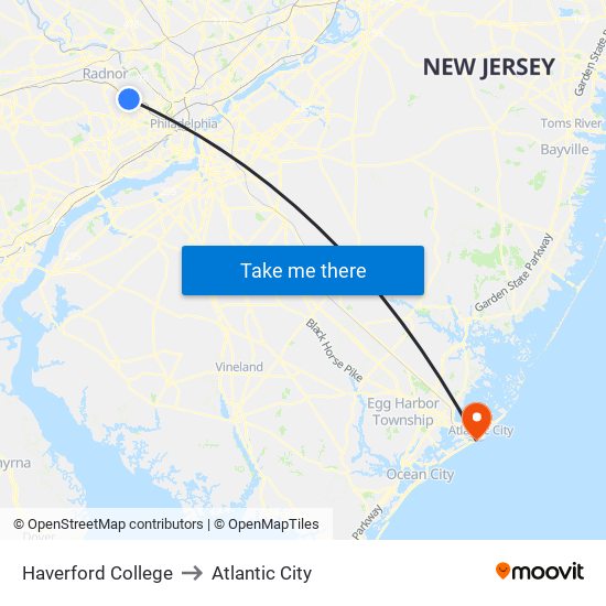 Haverford College to Atlantic City map