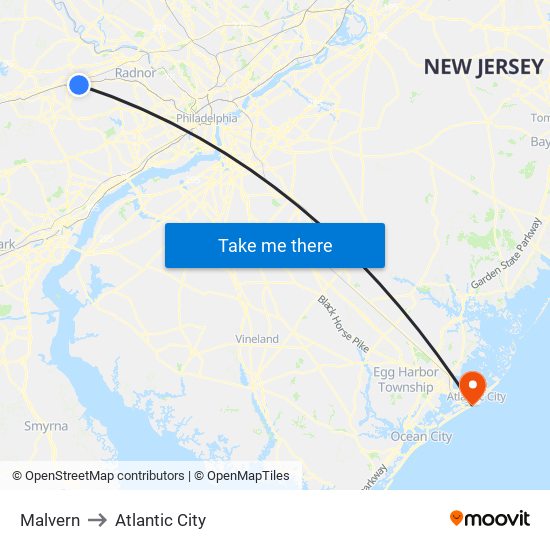 Malvern to Atlantic City map