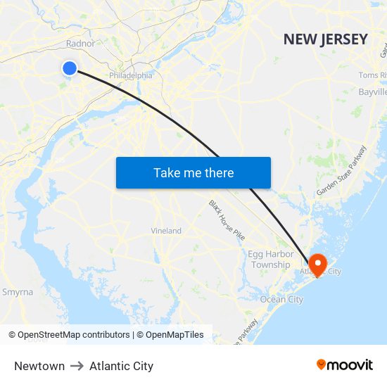 Newtown to Atlantic City map