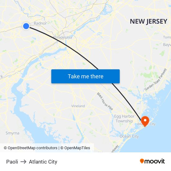 Paoli to Atlantic City map