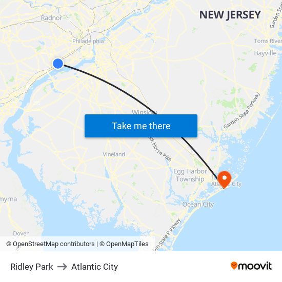 Ridley Park to Atlantic City map