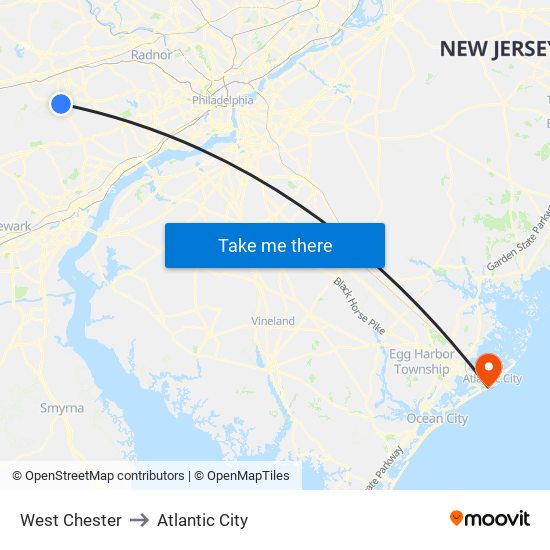West Chester to Atlantic City map