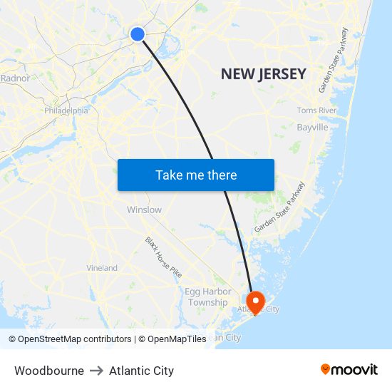 Woodbourne to Atlantic City map