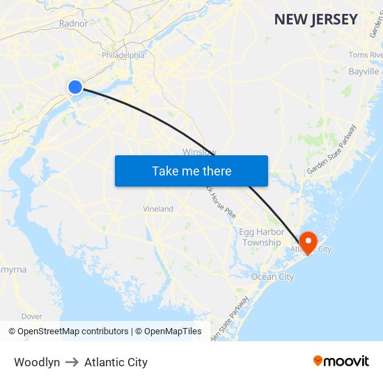 Woodlyn to Atlantic City map
