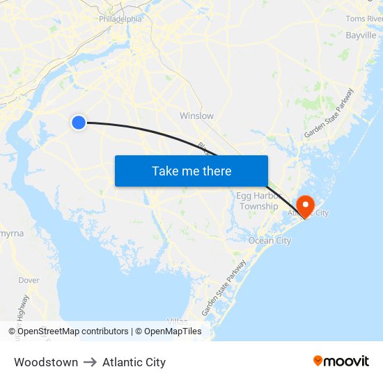 Woodstown to Atlantic City map