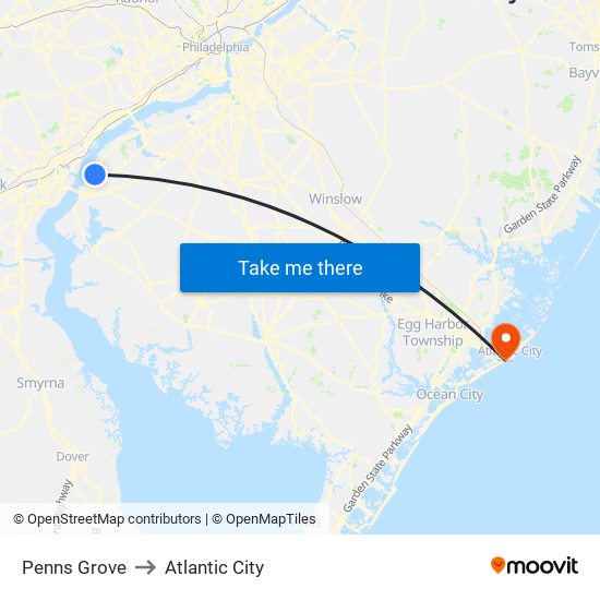 Penns Grove to Atlantic City map