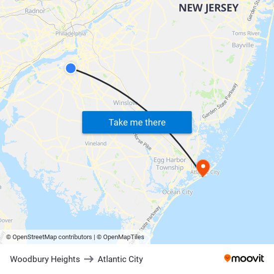 Woodbury Heights to Atlantic City map
