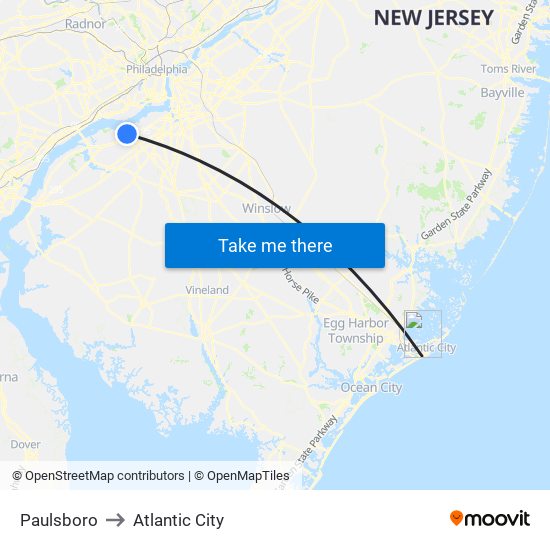 Paulsboro to Atlantic City map