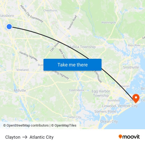 Clayton to Atlantic City map