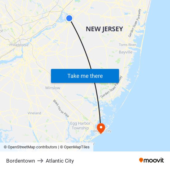 Bordentown to Atlantic City map
