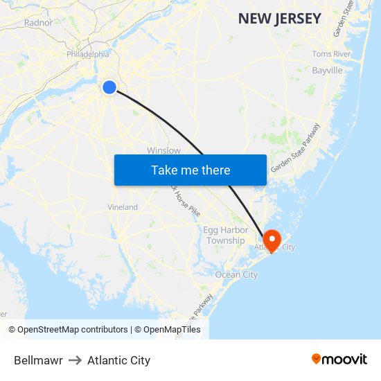 Bellmawr to Atlantic City map