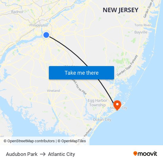 Audubon Park to Atlantic City map