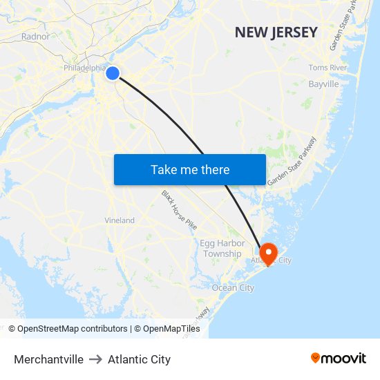 Merchantville to Atlantic City map