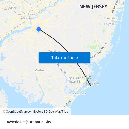 Lawnside to Atlantic City map