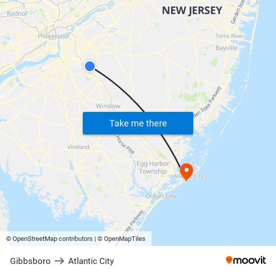 Gibbsboro to Atlantic City map