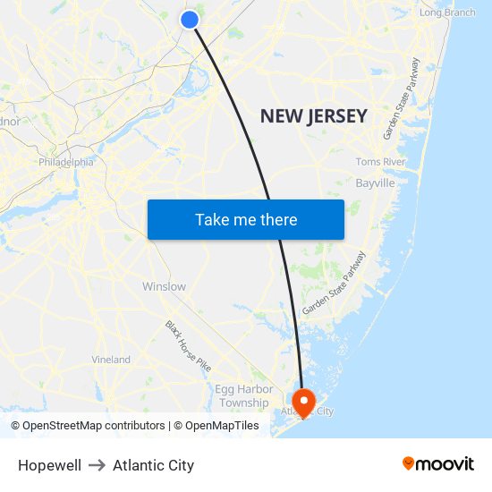 Hopewell to Atlantic City map