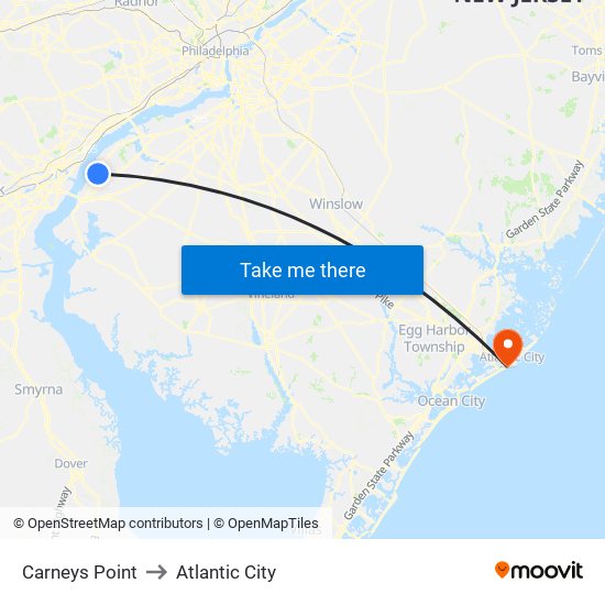 Carneys Point to Atlantic City map