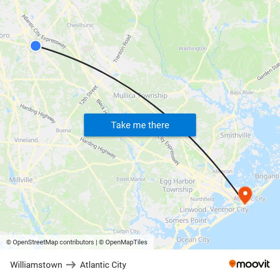 Williamstown to Atlantic City map