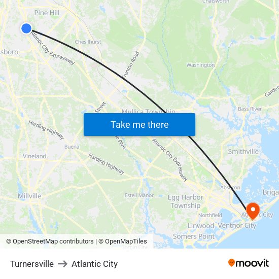 Turnersville to Atlantic City map
