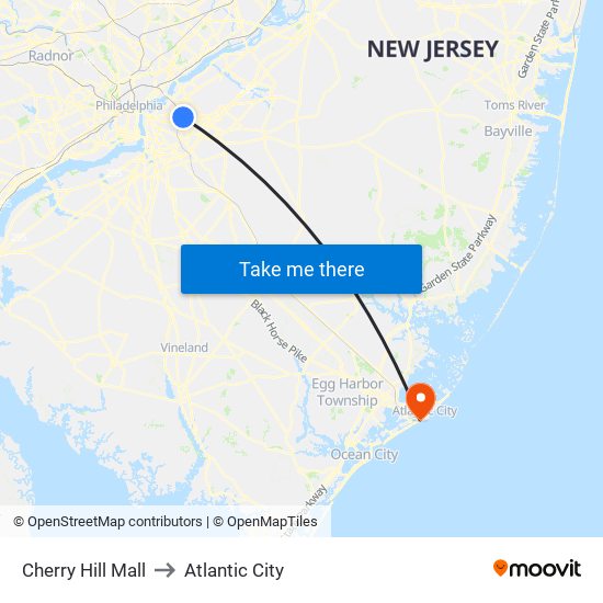 Cherry Hill Mall to Atlantic City map