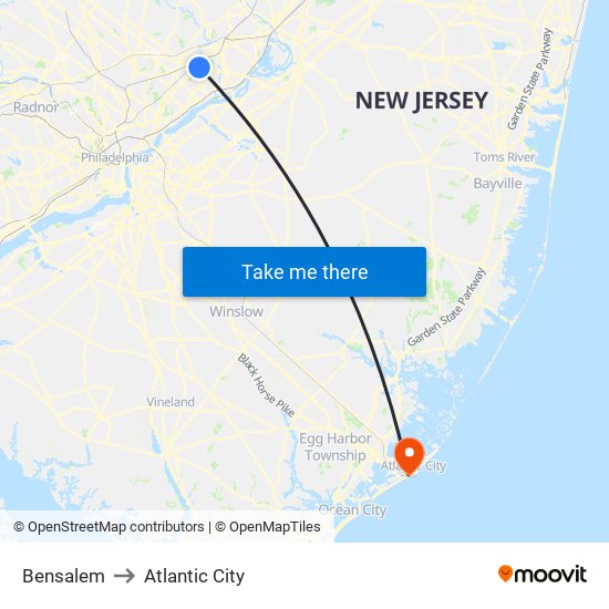Bensalem to Atlantic City map